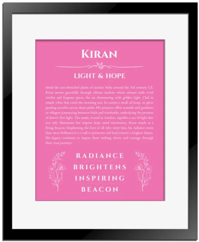 Kiran personalized name art with origin story in pink with black matte frame