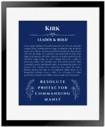 Kirk personalized wall art with the story of your name in deep blue with black matte frame
