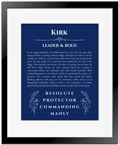 Kirk personalized wall art with the story of your name in deep blue with black matte frame