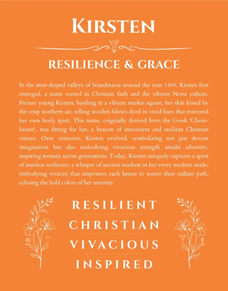 Kirsten name origin print with meaning and traits in orange