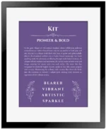 Kit personalized name art with origin story in purple with black matte frame