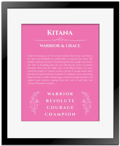 Kitana custom name art showing meaning and origin in pink with black matte frame