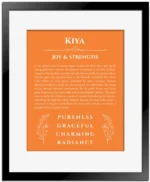 Kiya personalized name print with origin and traits in orange with black matte frame