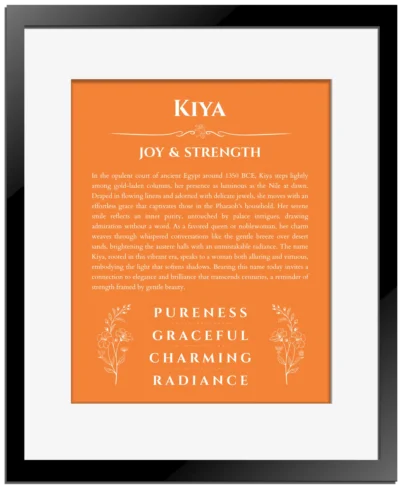 Kiya personalized name print with origin and traits in orange with black matte frame