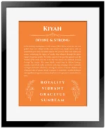 Kiyah custom name meaning print in orange with black matte frame