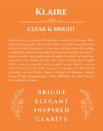 Klaire personalized name art with origin story in orange