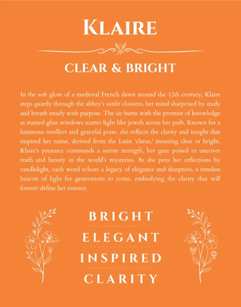 Klaire personalized name art with origin story in orange