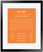 Klaire personalized name art with origin story in orange with black matte frame