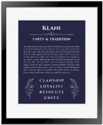 Klani custom name art showing meaning and origin in navy blue with black matte frame