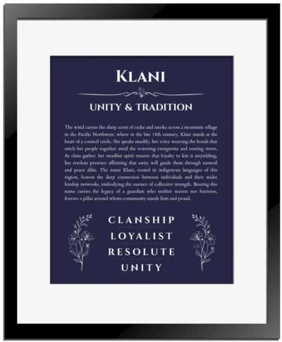 Klani custom name art showing meaning and origin in navy blue with black matte frame