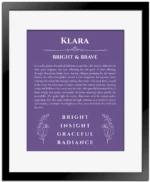 Klara name meaning wall art by Get Your Story in purple with black matte frame