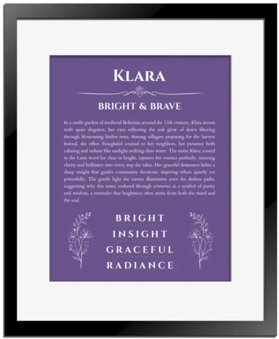 Klara name meaning wall art by Get Your Story in purple with black matte frame