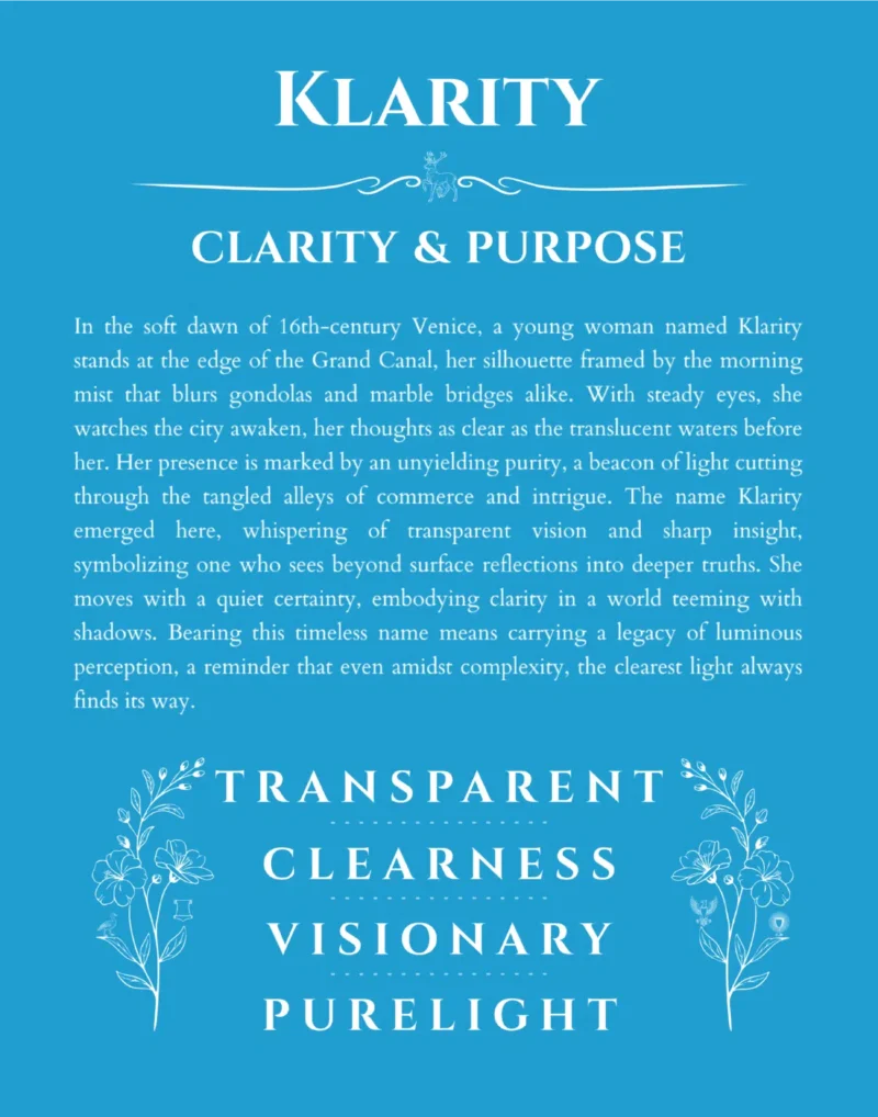 Klarity custom name art showing meaning and origin in blue