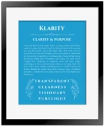 Klarity custom name art showing meaning and origin in blue with black matte frame