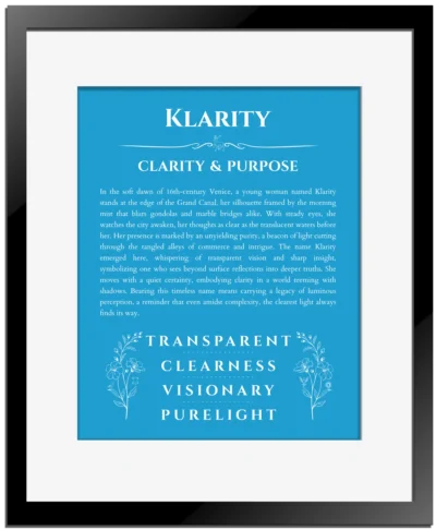 Klarity custom name art showing meaning and origin in blue with black matte frame