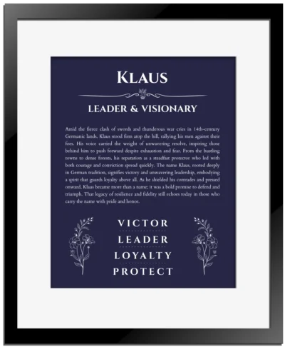 Klaus name meaning wall art by Get Your Story in navy blue with black matte frame