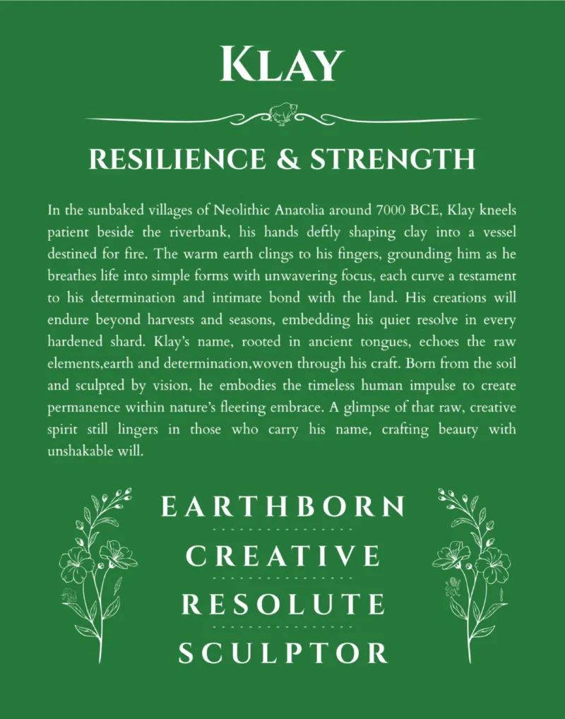 Klay personalized name art with origin story in dark green