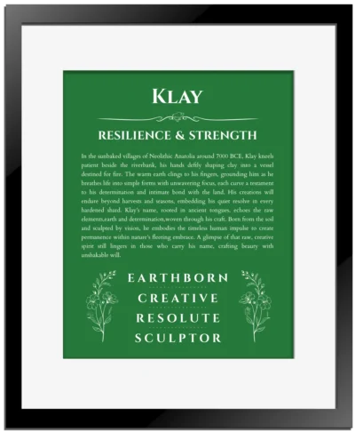 Klay personalized name art with origin story in dark green with black matte frame