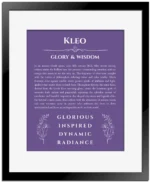 Kleo personalized name meaning print in purple with black matte frame
