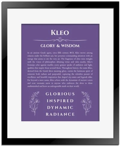 Kleo personalized name meaning print in purple with black matte frame