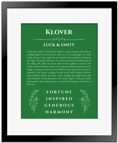 Klover personalized name meaning print in dark green with black matte frame