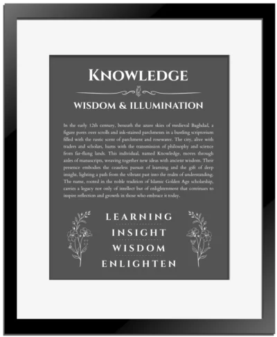 Knowledge personalized name art with origin story in gray with black matte frame