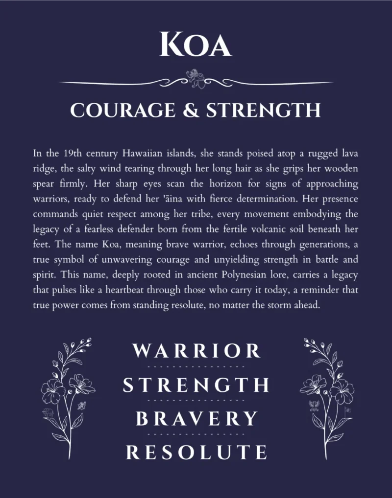Koa personalized name art with origin story in navy blue
