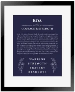 Koa personalized name art with origin story in navy blue with black matte frame