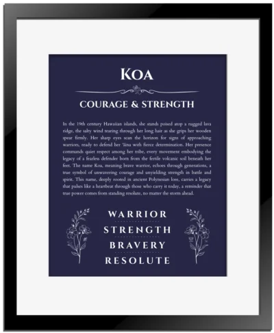 Koa personalized name art with origin story in navy blue with black matte frame