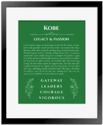Kobe personalized name art with origin story in dark green with black matte frame