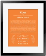 Kobi name meaning wall art by Get Your Story in orange with black matte frame
