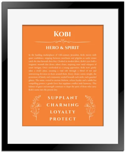 Kobi name meaning wall art by Get Your Story in orange with black matte frame