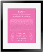 Koby personalized wall art with the story of your name in pink with black matte frame