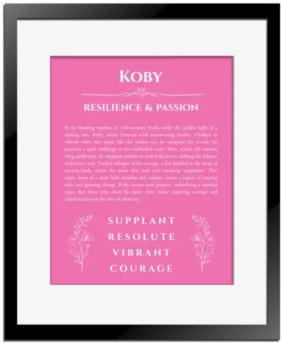 Koby personalized wall art with the story of your name in pink with black matte frame