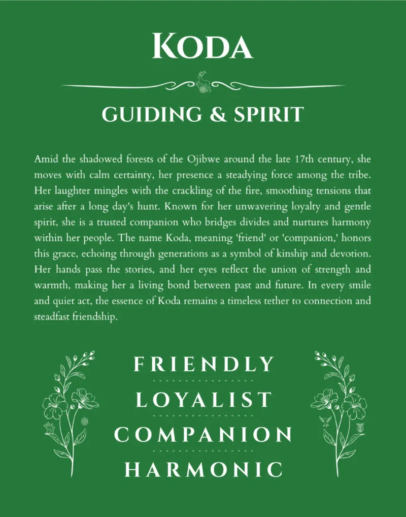 Koda personalized name print with origin and traits in dark green