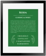 Koda personalized name print with origin and traits in dark green with black matte frame