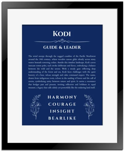 Kodi name meaning wall art by Get Your Story in deep blue with black matte frame