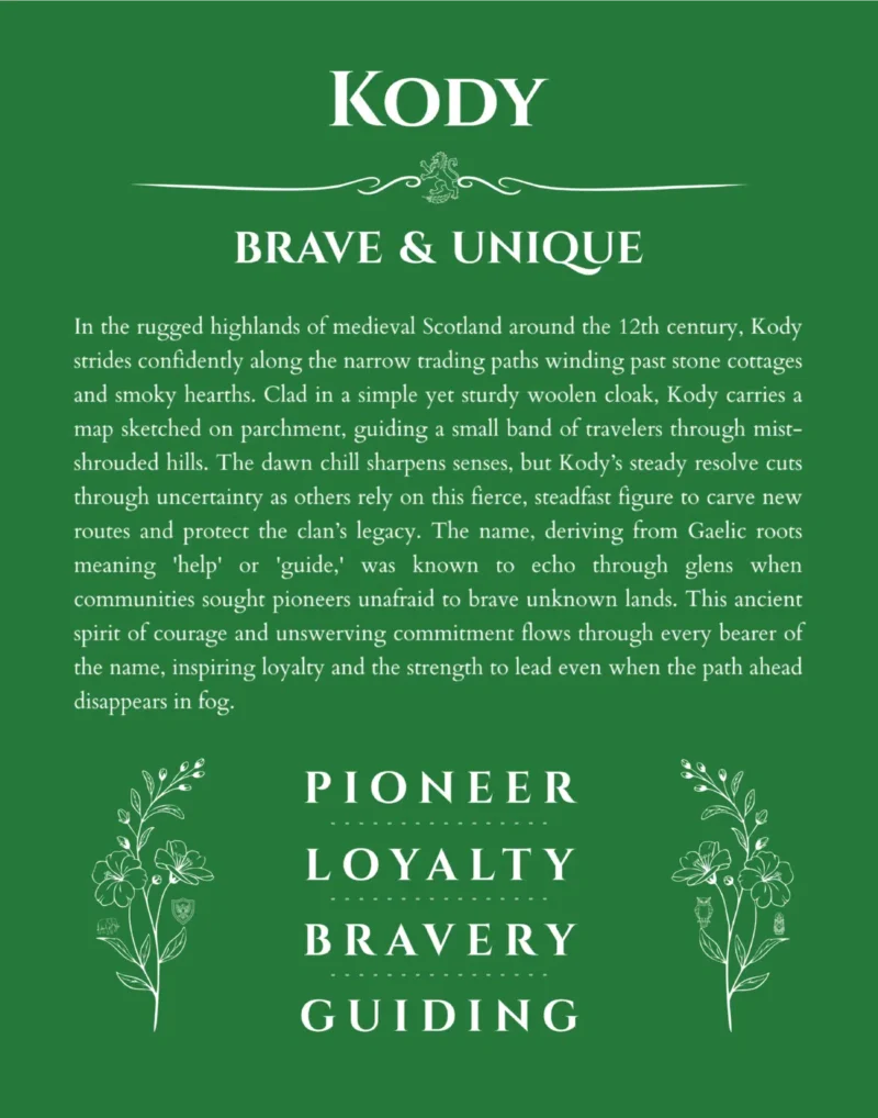 Kody custom name art showing meaning and origin in dark green