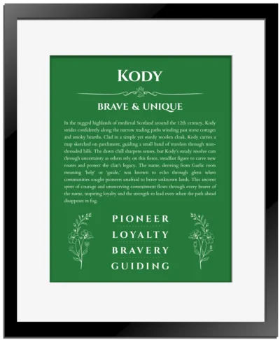 Kody custom name art showing meaning and origin in dark green with black matte frame