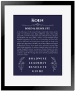 Koen custom name art showing meaning and origin in navy blue with black matte frame