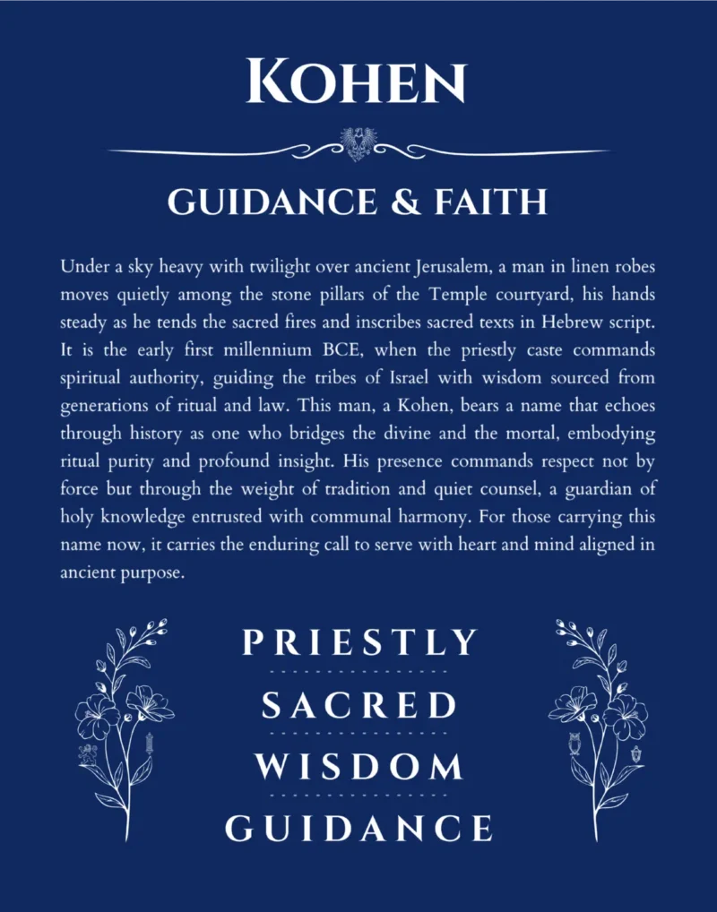 Kohen name origin print with meaning and traits in deep blue