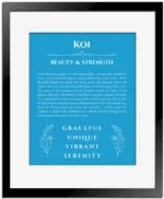 Koi custom name art showing meaning and origin in blue with black matte frame