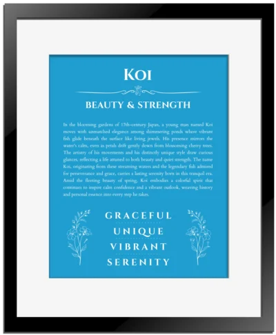 Koi custom name art showing meaning and origin in blue with black matte frame