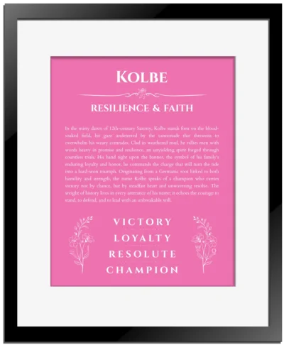 Kolbe custom name print for wall display in pink with black matte frame