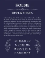 Kolbie personalized name print with origin and traits in navy blue