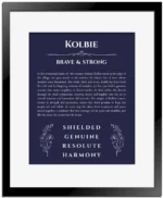 Kolbie personalized name print with origin and traits in navy blue with black matte frame