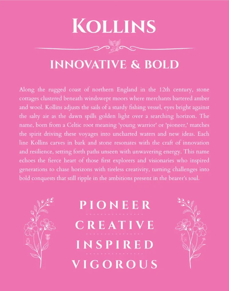 Kollins personalized name print with origin and traits in pink