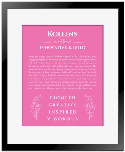Kollins personalized name print with origin and traits in pink with black matte frame