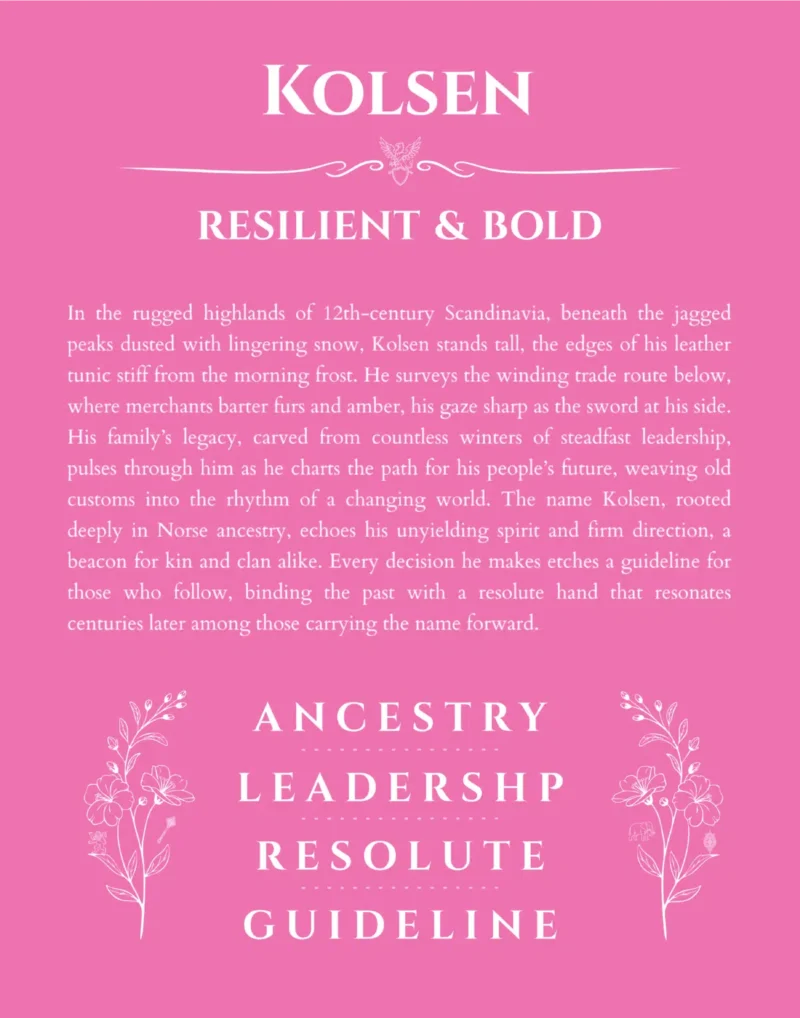 Kolsen personalized name print with origin and traits in pink
