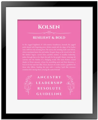 Kolsen personalized name print with origin and traits in pink with black matte frame